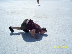 This is Matt licking the salt at the Bonneville Salt Flats.