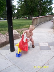 Pushing the wheel barrow I found.