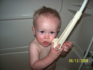 Taking a bath in Aunt Vicky's Camper.