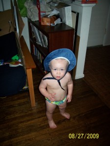 Ready to go swimming mom!  (I flipped up the brim on his hat.)