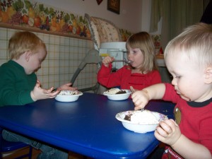 Eating cake with my cousins.