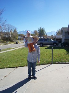 Farmer and chicken.