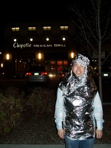 Brandon dressed as a burrito so that he could have a free burrito.