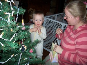 Aiden is excited to help put ornaments on the tree.