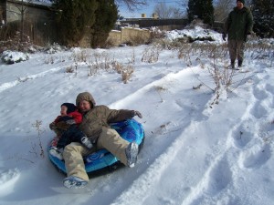 Aiden and I take a run down the hill.