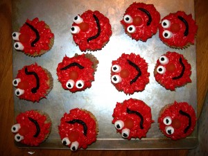 Tray of Elmo cupcakes.