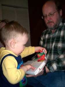 Opening gifts.