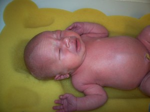 First bath at home for Lucas.